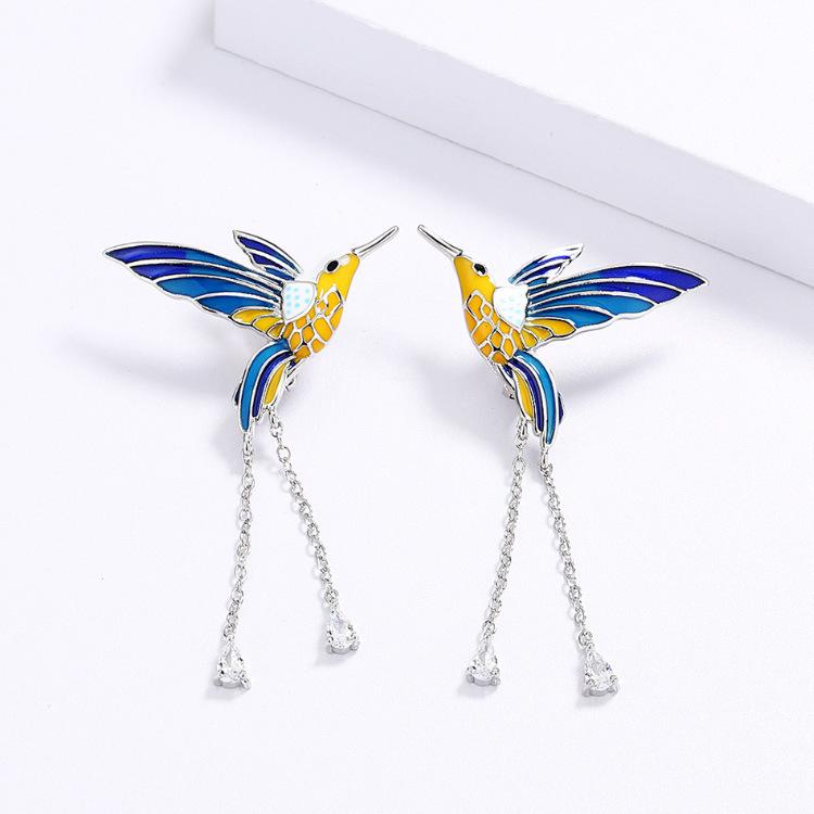 2026 Moda Creativa Pastorale Set Tre Pezzi Anello Collana Orecchini Colibrì Animale Pianta Resina Colorata Gioielli