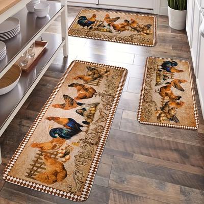1 Pieza Alfombra de Piso con Patrón de Gallo Campesino Moderno para Cocina Alfombra de Poliéster Antideslizante Colorida para Interior, Para Decoración de Hogar Baño Dormitorio Sala de Estar