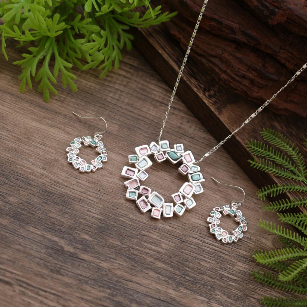 New Enamel Geometric Hollow Ring Earrings Pendant Set, Women's Versatile Exaggerated Geometric Necklace