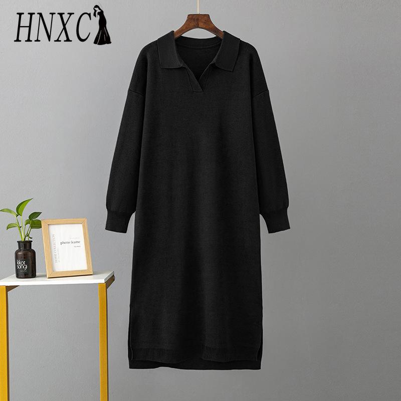 HNXC Rochii de toamnă-iarnă tricotate largi pentru femei, cu guler polo de culoare solidă, cu căptușeală