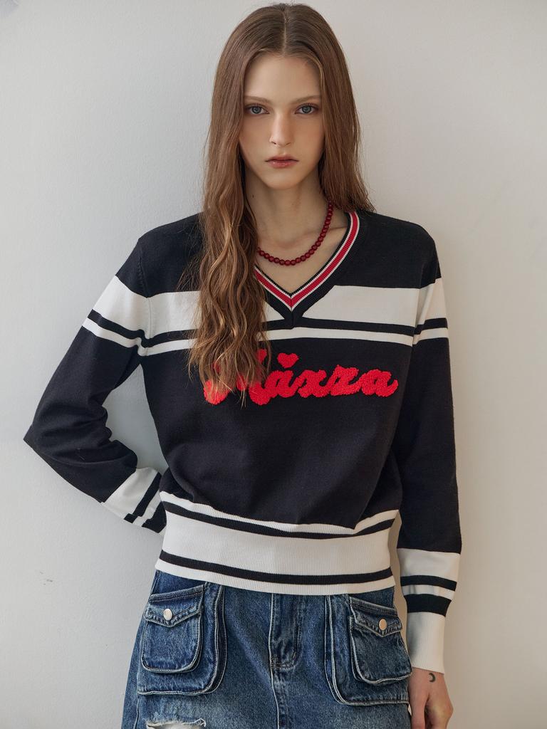 MAXZA Boucle Lettering Colorblock V-Neck Knit