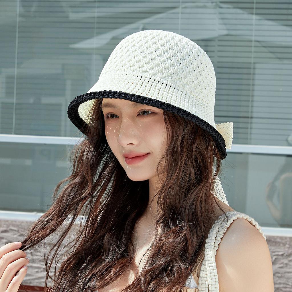 Summer Hollow Sun Hat Korean Version Fashion Bow Lace Bucket Hat New Fisherman Sunscreen Outdoor Beach Sun Hat Travel Panama Cap