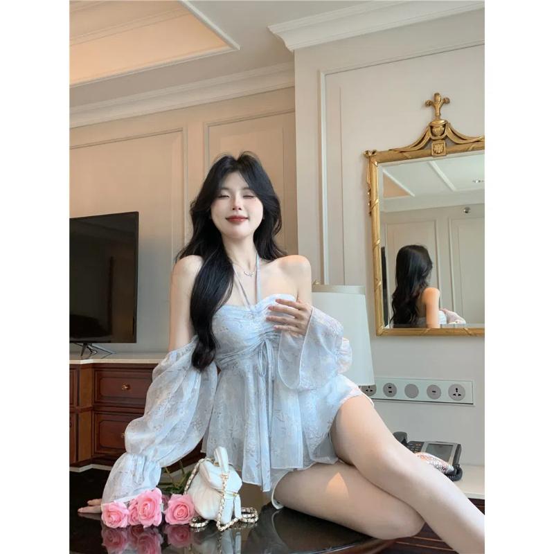 Sweet Spicy Sexy Blouse Blue Floral Chiffon Hanging Elegant Neck with One Shoulder Sleeves Vintage Detachable All-match Shirts