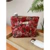 Vintage Makeup Bag Dark Red Floral Jacquard Fabric Cosmetic Pouch Women's Zip Square Clutch Handbag for Toiletries Storage