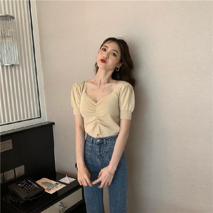 

Summer new Korean version retro bubble sleeves short bottoming slim V-neck short-sleeved knitted sweater T-shirt women s tide One size fits all