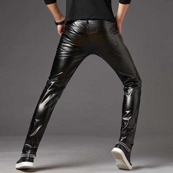 Herren Bleistifthosen Helle Oberfläche Einfarbige Reißverschlussleiste Mittlere Taille Hosen Kunstleder Schmal Geschnitten Motorradhosen Streetwear