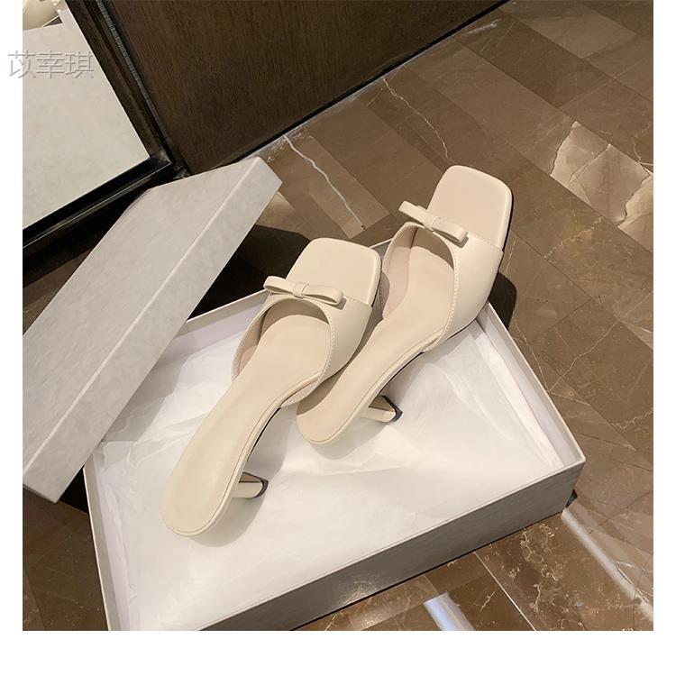 Sheepskin lady style bow literally square head high heels open-toed slippers women's summer leather cool slippers