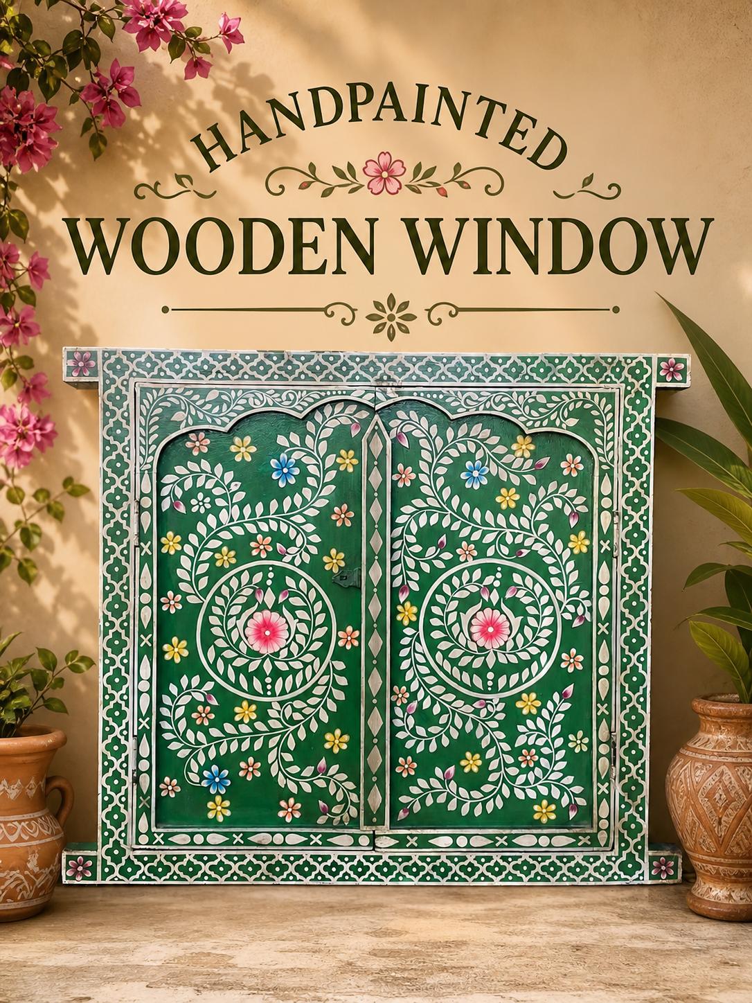 Green Hand Painted Wooden Window Panel | Floral Indian Wall Decor | Boho Vintage Interior 24  x 28  x 1   (h x l x w) approx. зелёный