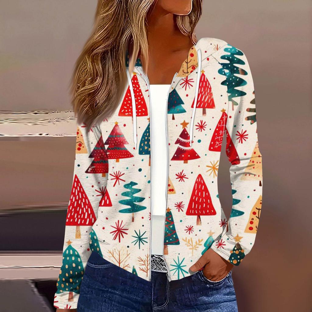 Dame Mote Juleprint Casual Glidelås Langermet Hettejakke
