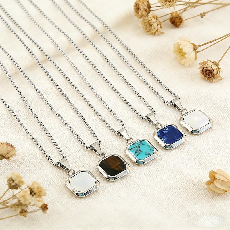 Titanium Steel Geometric Pendant Necklace Men Women Hypoallergenic Fashion Jewelry With Turquoise Accent