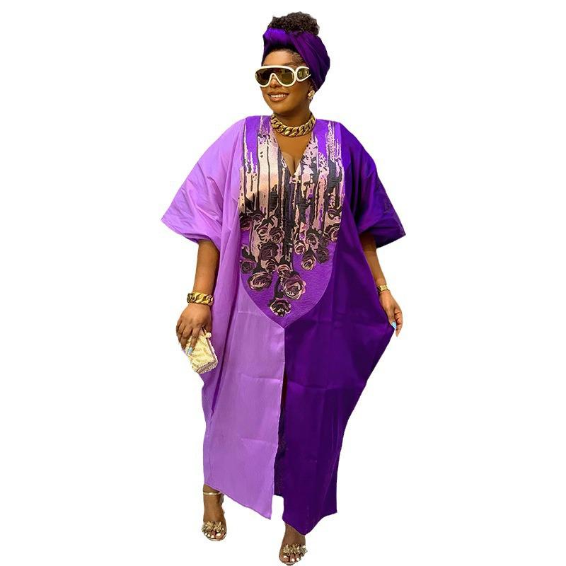 Plus Size African Ethnic Style Long Robe Dress with Headscarf