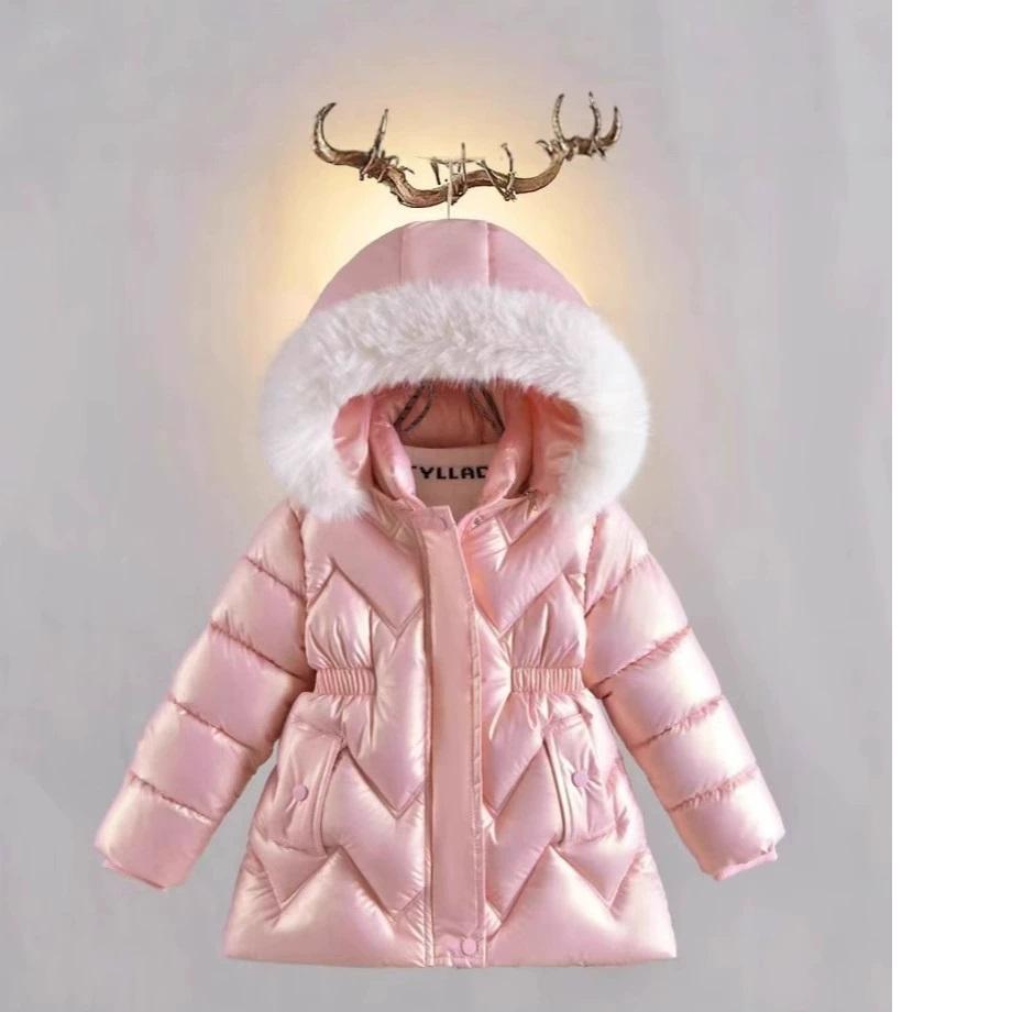 Zimní dívčí bunda Jednobarevná Podšívka Plyšová Hřejivá Lesklá Vodotěsná Parka s kapucí pro dívky 4-8 let Bavlněná Péřová Kombinéza do sněhu