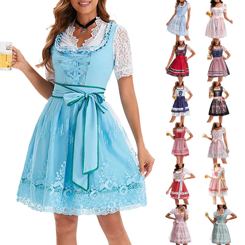 4Pcs German Bavarian Beer Festival Outfits Oktoberfest Costumes for Women Dirndl Dresses Blouse Apron Bows Ribbon Set