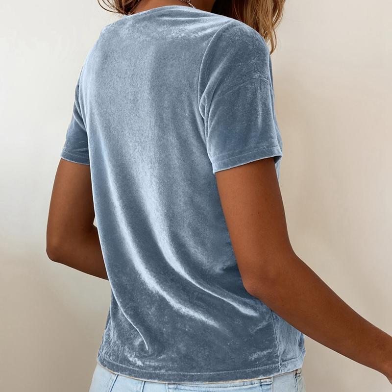 Top T-shirt da donna in velluto a maniche corte con colletto a balze