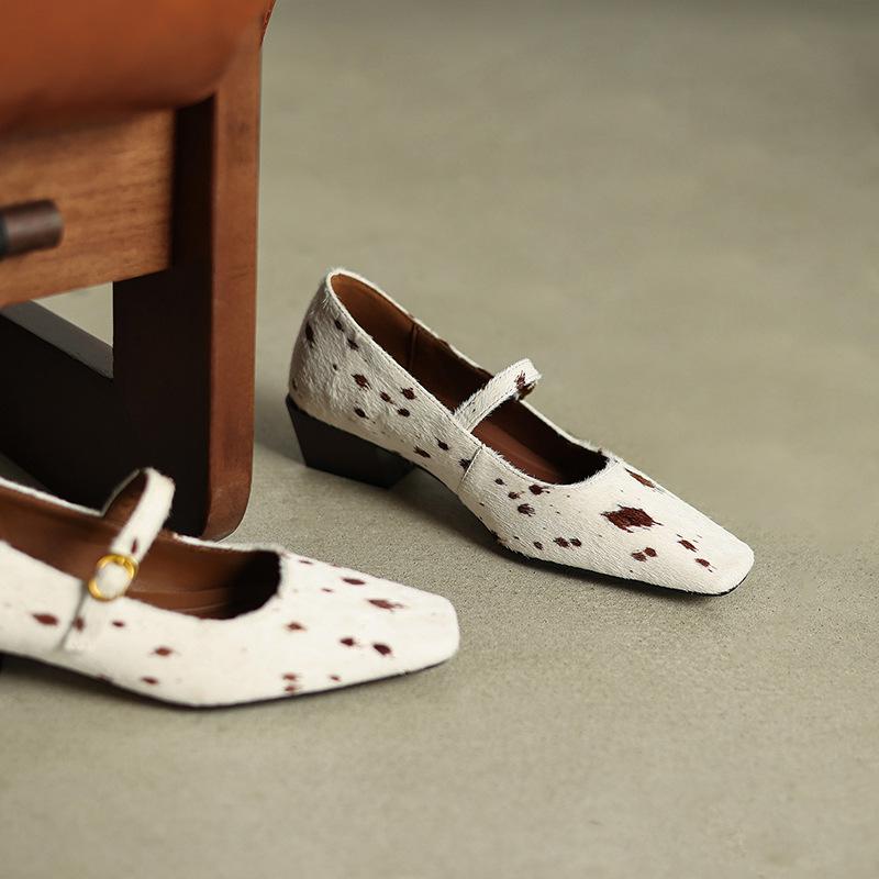 Horse Hair One-word Buckle Mary Jane Shoes Flat Leather Women's Shoes 2025 Autumn and Winter New Versatile Korean Version of Women's Leather Shoes