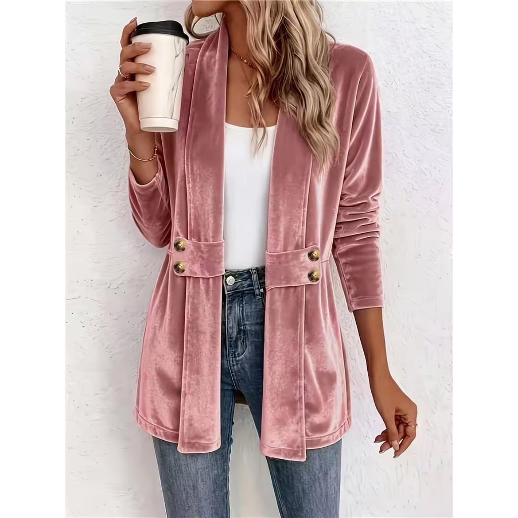 New Women's Double Breasted Decor Velvet Cardigan, Lazy Style Versatile Mid-length Top