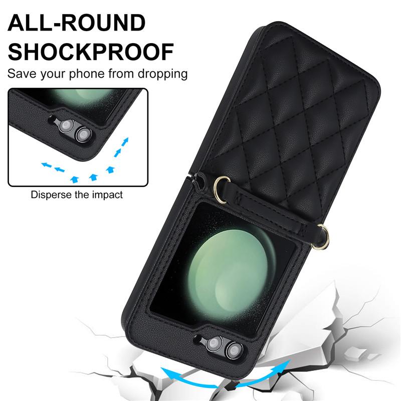 Kožené pouzdro na telefon Long Lanyard Crossbody pro Samsung Galzxy Z Flip 5 4 3 Flip5 Flip4 Flip3 Luxusní obal na lano na zápěstí Hoesje Coque