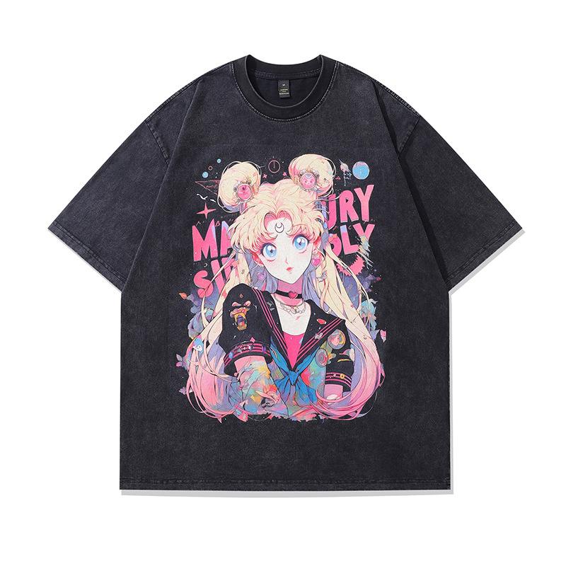 Men's T Shirts Sailor Moon Anime Print Summer Trendy Short-sleeved Tee Vintage Washed Cotton Clothes Tops