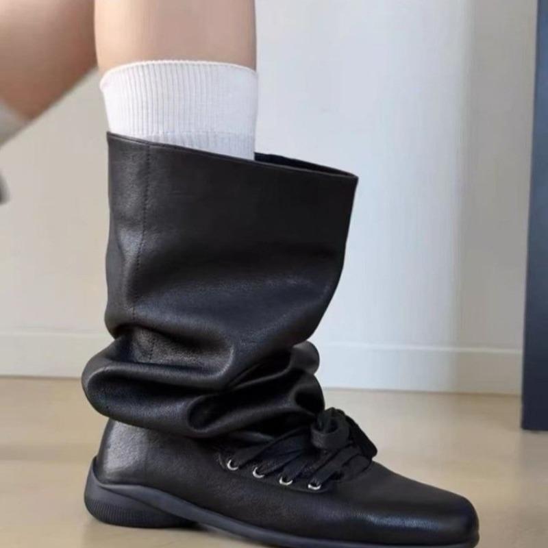 Vintage western pile boots women's autumn new soft leather lace-up pleated medium tube boots sleeve thin boots