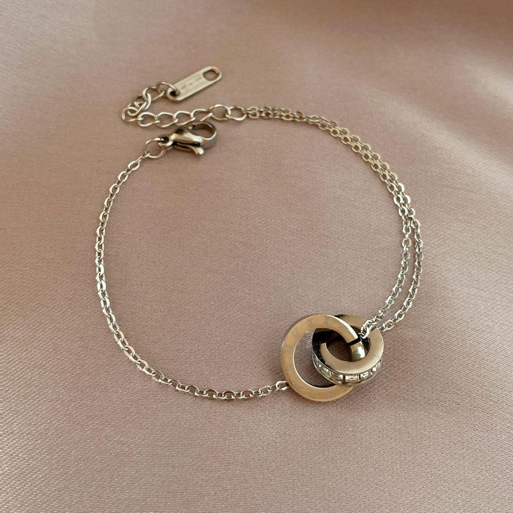 Rose Gold Zircon Roman Numerals Double Ring Bracelet - Titanium Steel Japanese & Korean Style Bangle