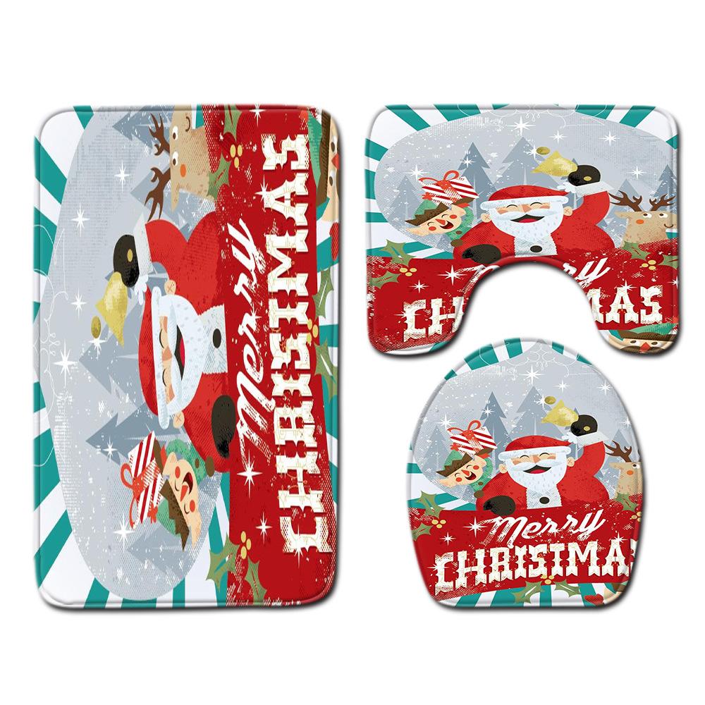 Christmas Toilet Seat Shower Curtain Four-Piece Printed Floor Mat Set Bathroom Floor Mat Bedroom Absorbent Door Mat Carpet