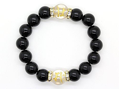 [Seki-Kira] Gold-engraved Quartz and Natural Onyx Prayer Beads Bracelet with Sanskrit Characters for Those Born In the Year of the Horse (Uma) - 14mm