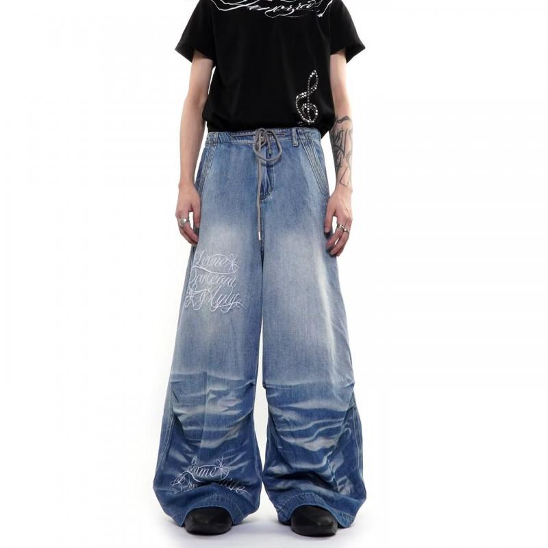 Womens High-Waisted Wide-Leg Denim Pants With Embroidered Pocket Washed Vintage Loose Fit