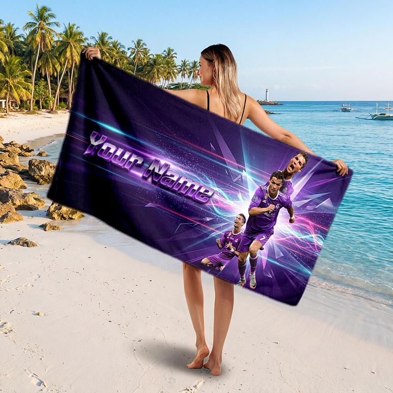 Cristiano Ronaldo Custom Beach Towel, Personalized Name Text Print, Football Logo Soft Quick‑Dry Towel Holiday Gift