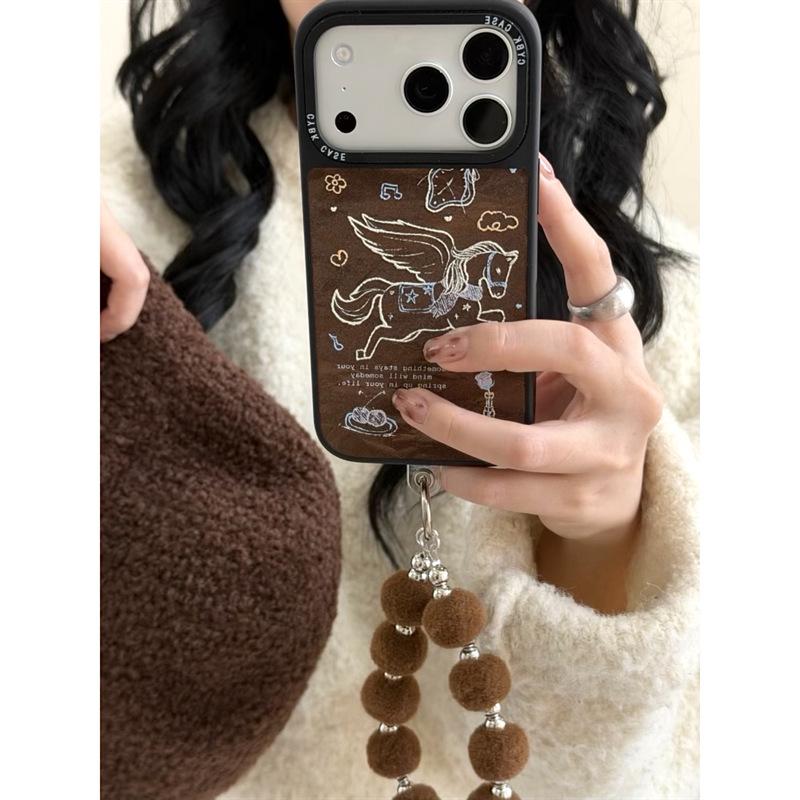 Premium Brown Velvet Angel Horse Case for iPhone 17, 16 Pro Max, 15, 14