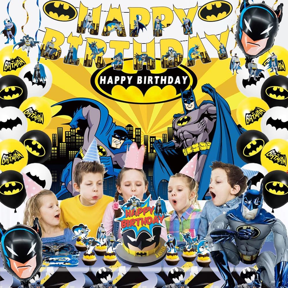 Bat Birthday Decorations, Hero Party Supplies Including Backdrop, Birthday Banner, Tablecloth, Hanging Swirls, Balloons, Cake Toppers, Plates, Forks