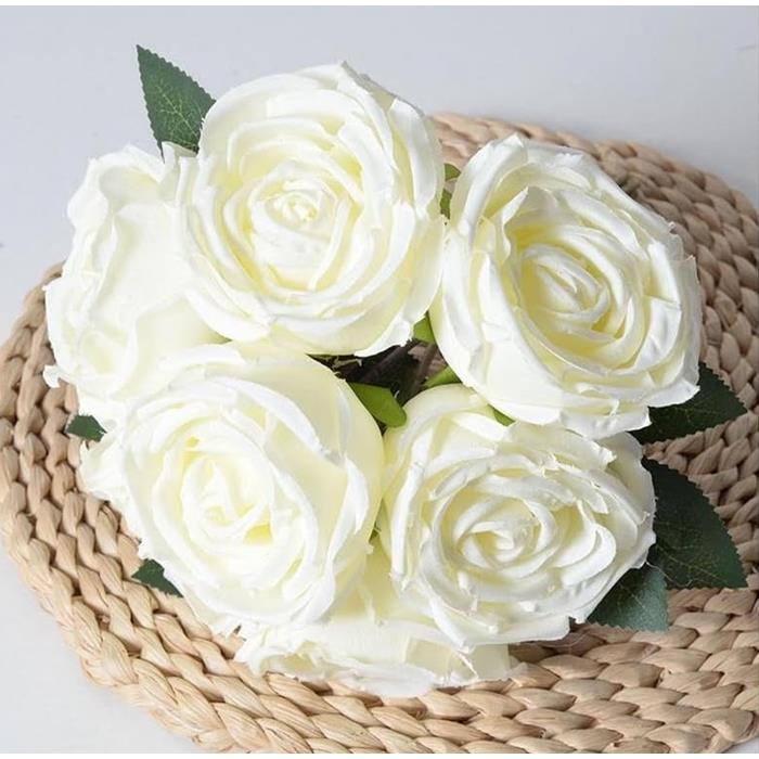 Artificial Flowers Roses 7 Pieces Ready-Made Rose Bouquet Flower Arrangement for Vase - White