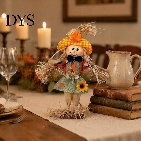 Patio Autumn Theme Decor Standing Fall Scarecrow Decoration, Rustic Halloween Thanksgiving Ornament Indoor Home with Clothes Hat for Harvest Outdoor