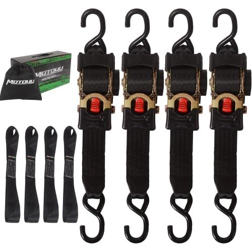

MOTO4U Automatic Tie-Down Belts, Set of 4, 50mm x 3m, Ratchet Belts, Securement Belts, Cargo Tie-Down Straps, with Soft Loops and Storage Bag (4 piece