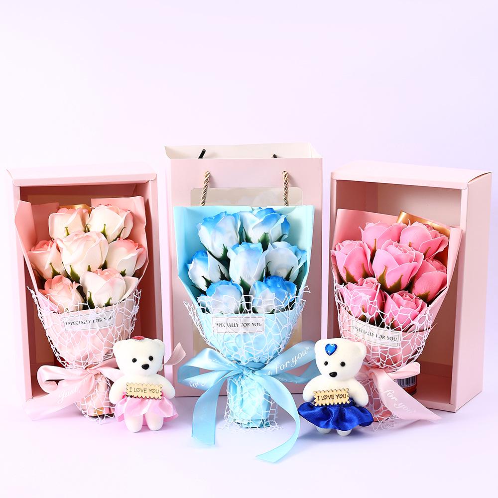 Qixi Valentine Gift Set: Soap Rose Bouquet with Teddy Bear