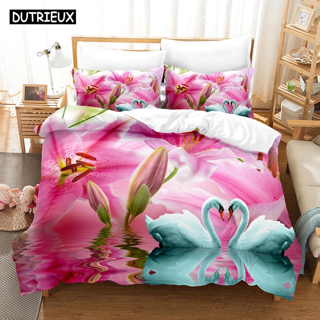3D Printed Animals Swan Bedding Set Down Quilt Cover With Pillowcase Double SIngle King