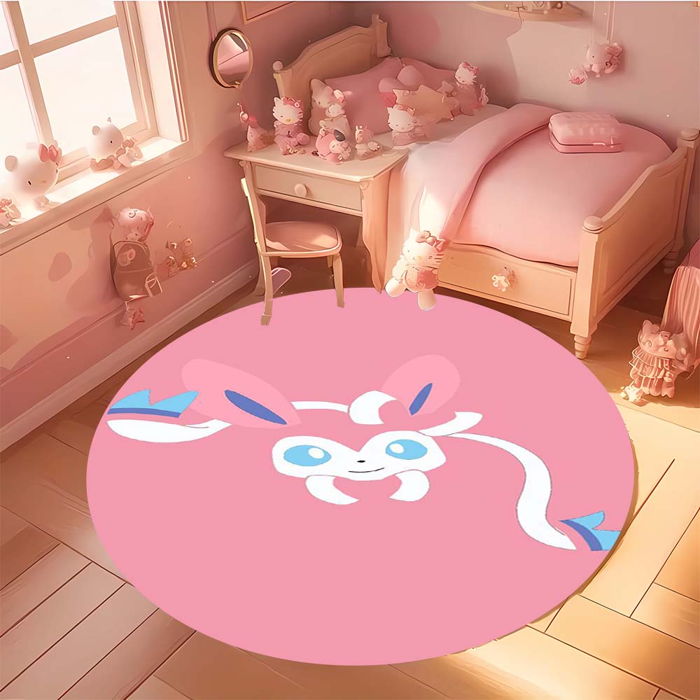 Kawaii Sylveon Theme Round Area Rug Pink Fairy Pattern Circular Rug Kids Girls Bedroom Gamer Room Decor