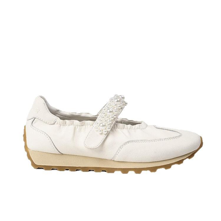 Platform Leather Ballet Style Moral Training Shoes Women's New Pearl Word with Velcro Casual Mary Jane White Shoes