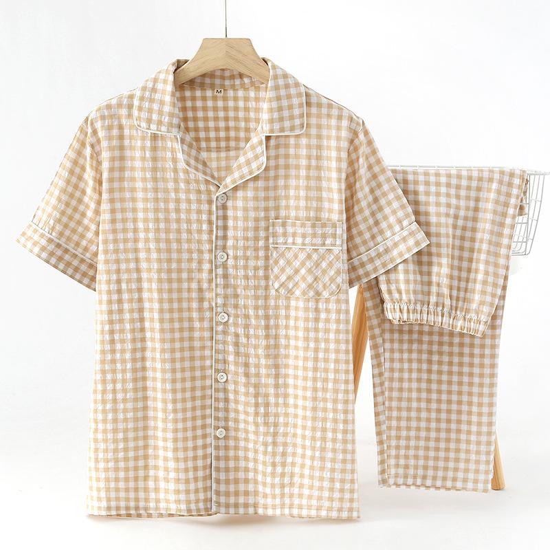 

Хлопковая клетчатая мужская брючная пижама, домашний костюм на осень, тонкие брюки с короткими рукавами, клетчатая домашняя пижама для мужчин 2XL