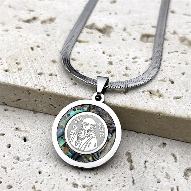 Catholic Saint Benedict Medal Pendant Necklace for Women Men Abalone Stainless Steel Gold Color San Benito Chain Jewelry