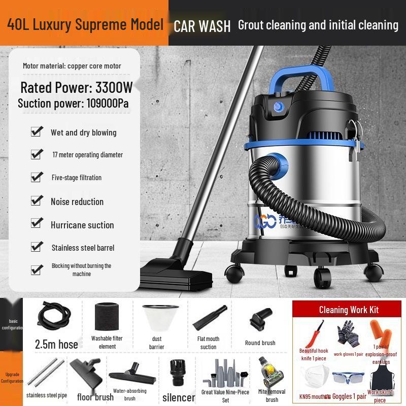 Dual-Use Wet/Dry Industrial Vacuum Cleaner for Home, Commercial, and Car Cleaning with Large Suction
