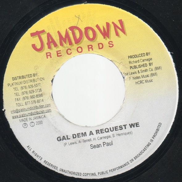 

7inch Record SEAN PAUL MARK ICE Gal Dem A Request We Cuts Like A NONE Jamdown Records 2000 Jamaica Reggae Ska Dub Used