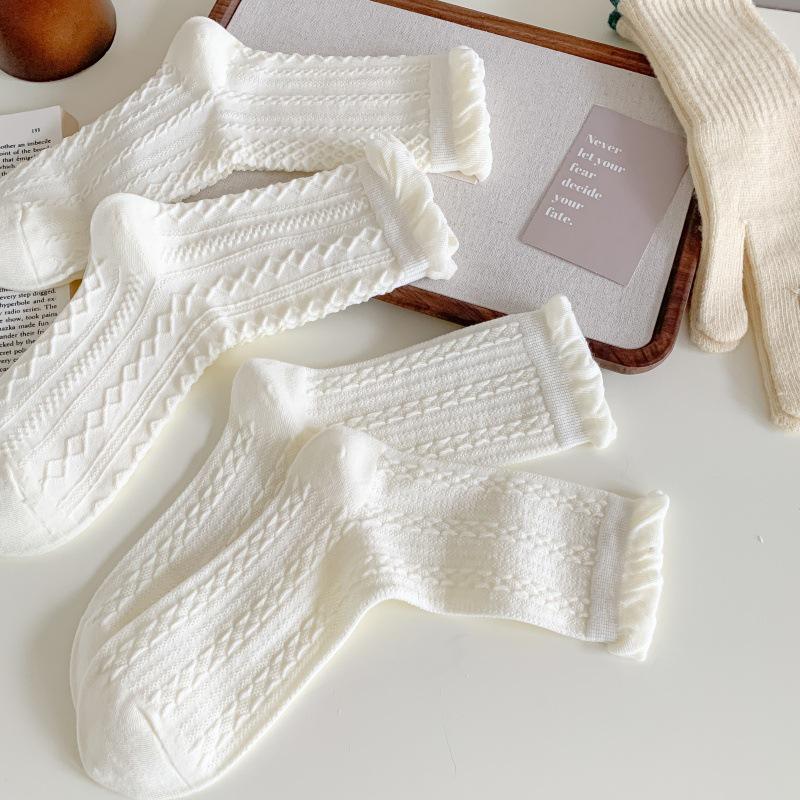 Girls' Lace Cotton Mid-Calf Socks: Summer Thin, Breathable, Ballet Style, Slouch Design.