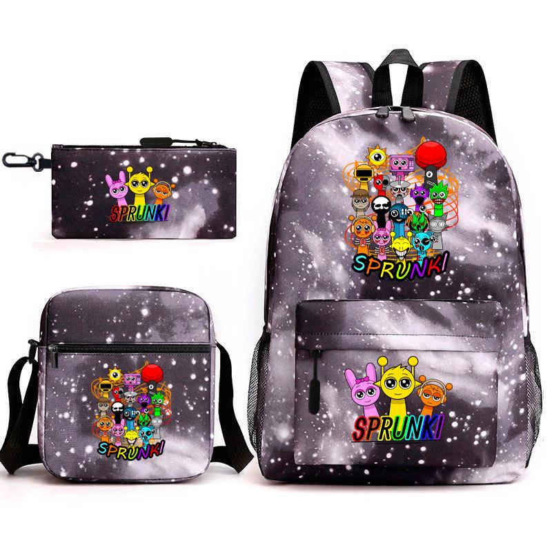 Sprunki Student Starry Sky School Bag Three-piece Rhythm Box Teen Backpack Men's and Women's Casual L