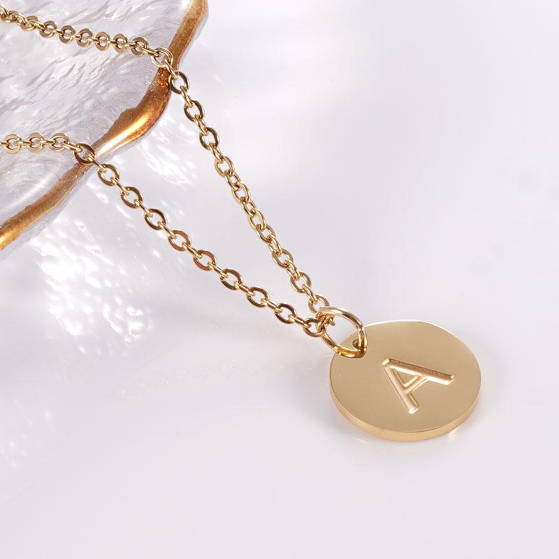 18K Gold Stainless Steel Minimalist Letter Necklace with 26 Round Pendant Options