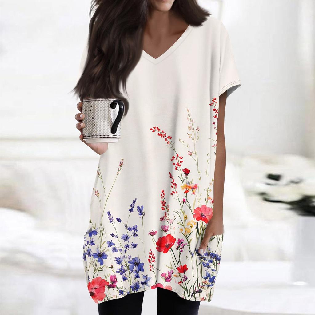 Haut à manches courtes pour femme, tendance et décontracté, col en V, imprimé floral, longueur midi, poche