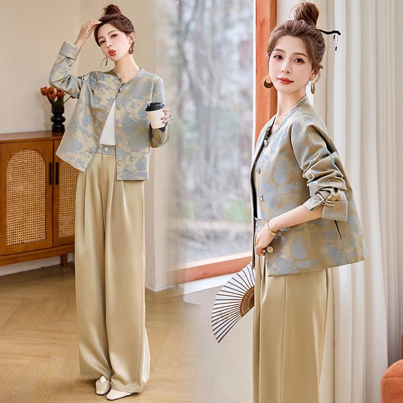 Spring 2026 Elegant High-Waisted Satin Two-Piece Suit for Women: New Chinese Style