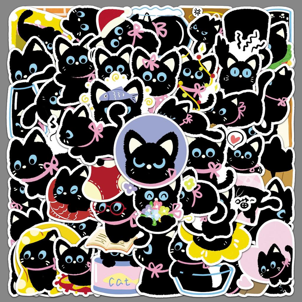 50 Cute Black Cat Stickers - Waterproof Cartoon Pet Decorations for Journals and Water Bottles