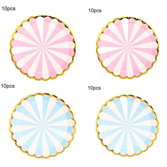 10Pcs 7/9 Inch Paper Plates Disposable Safe Anti-skid Thick Gilding Stripe Paper Dishes Favors Supplies for Birthday