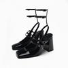 2025 spring new product black ankle strap patent leather thick heel bag head sandals square head single shoes women's Mary Jane high heels