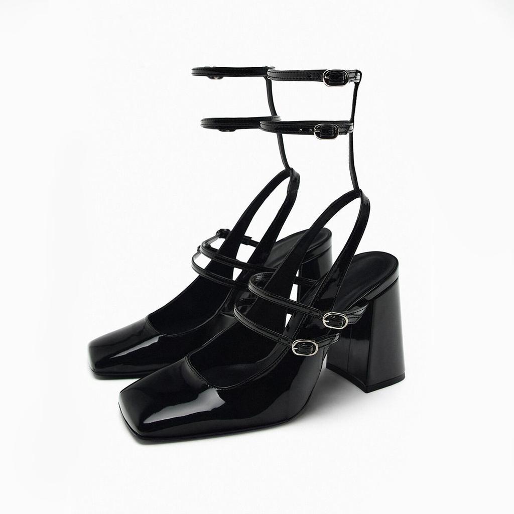 2025 spring new product black ankle strap patent leather thick heel bag head sandals square head single shoes women's Mary Jane high heels